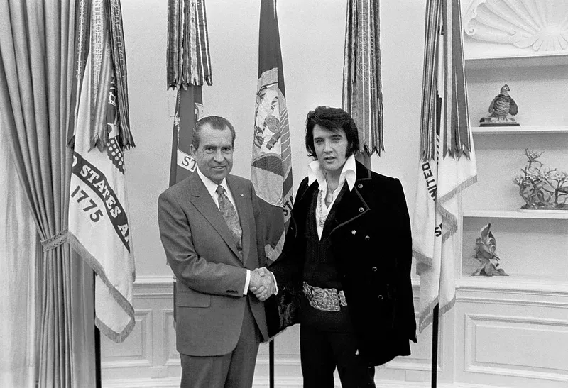 President Nixon shaking Elvis' hand in the Oval Office.
