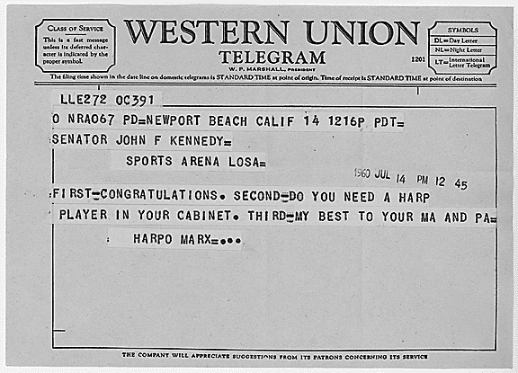 Harpo Marx congratulatory telegram to JFK.